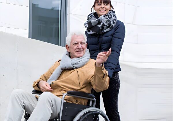 Older man in wheelchair with caregiver outside